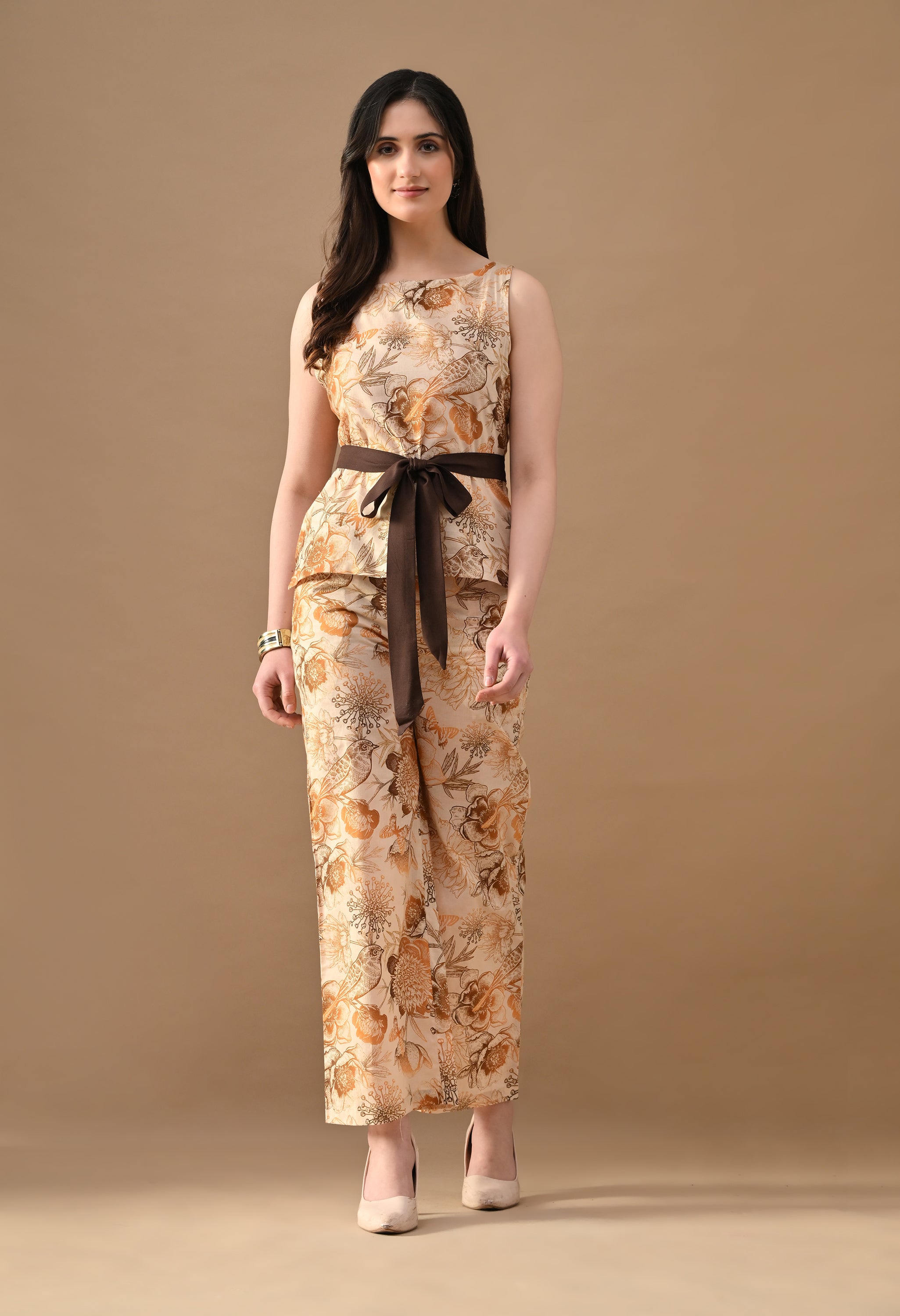 Brown Petal Floral Co-Ord Set for Women | Sleeveless Top & Straight Pants