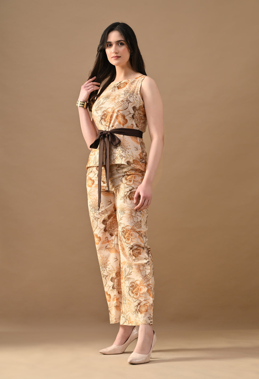 Brown Petal Floral Co-Ord Set for Women | Sleeveless Top & Straight Pants