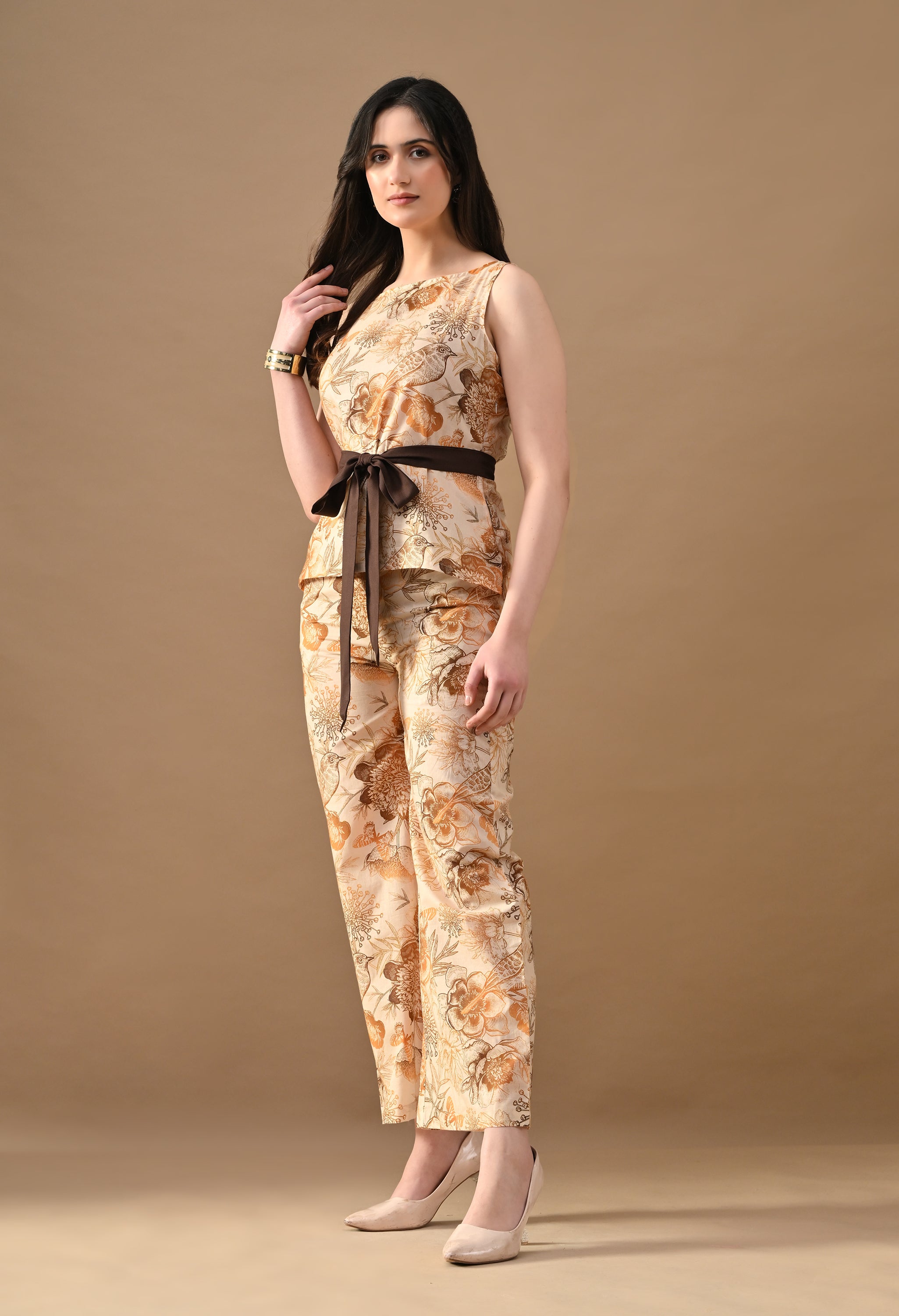 Brown Petal Floral Co-Ord Set for Women | Sleeveless Top & Straight Pants