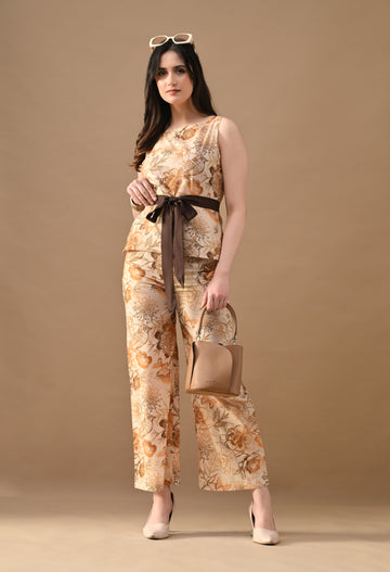 Brown Petal Floral Co-Ord Set for Women | Sleeveless Top & Straight Pants
