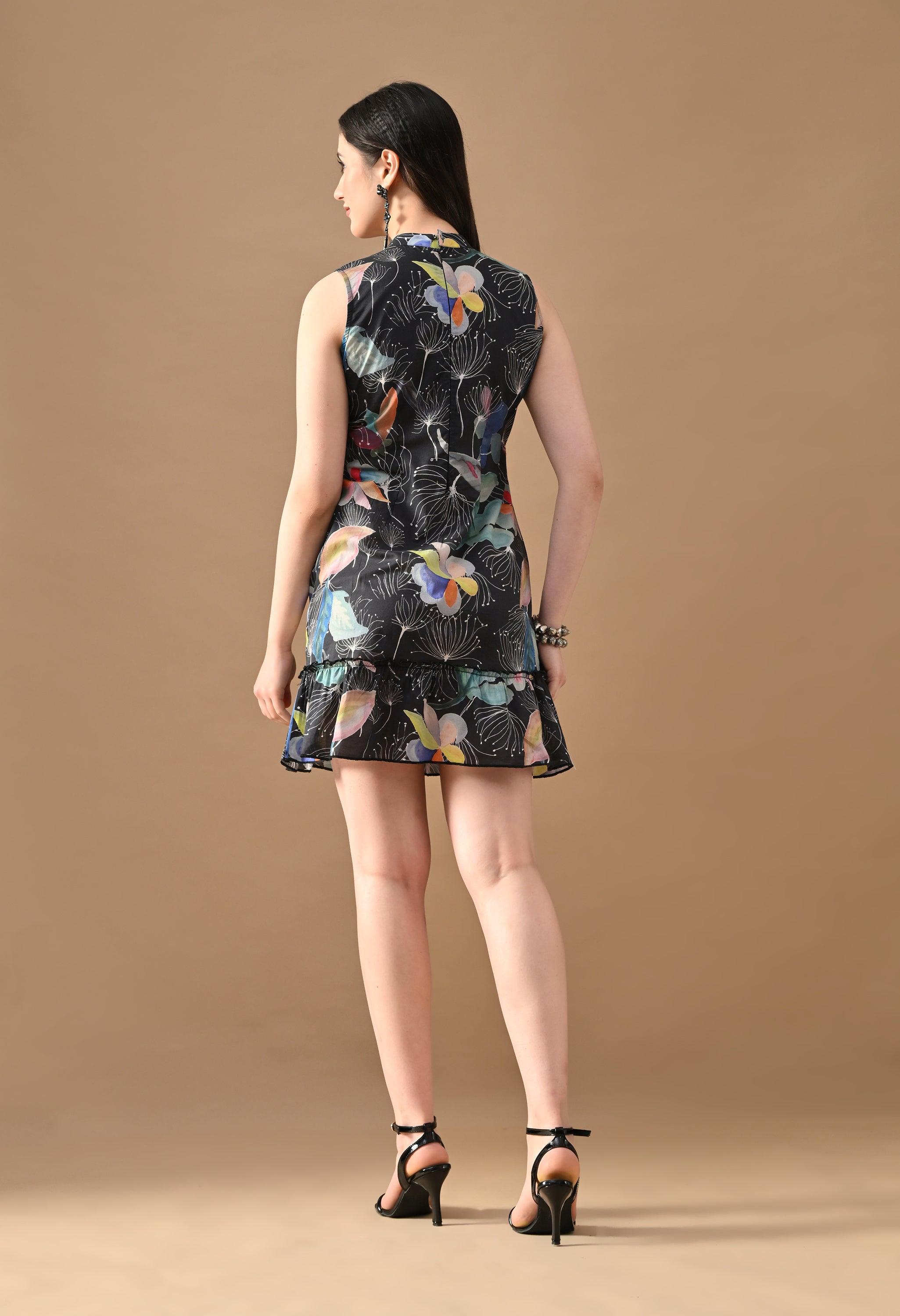 Midnight Bloom Floral Mini Dress – Sleeveless Ruffle Hem Party Dress