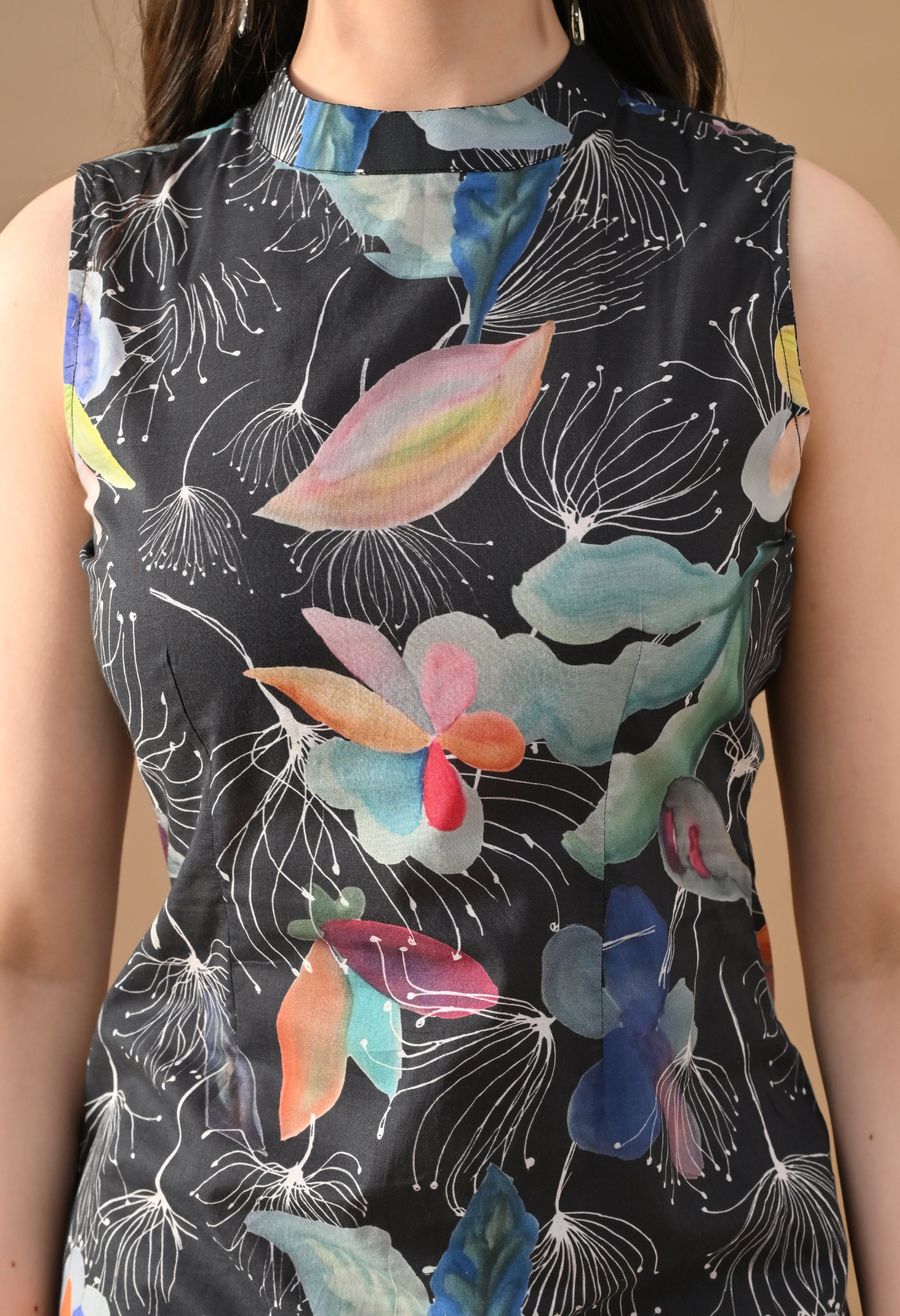 Midnight Bloom Floral Mini Dress – Sleeveless Ruffle Hem Party Dress