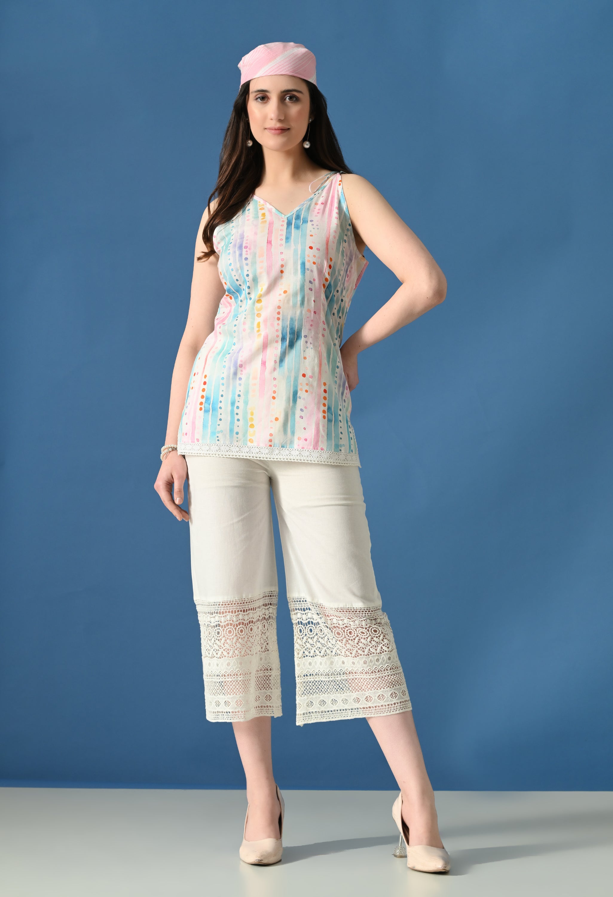 Pastel Breezet Printed Kurti with Lace Palazzo Set