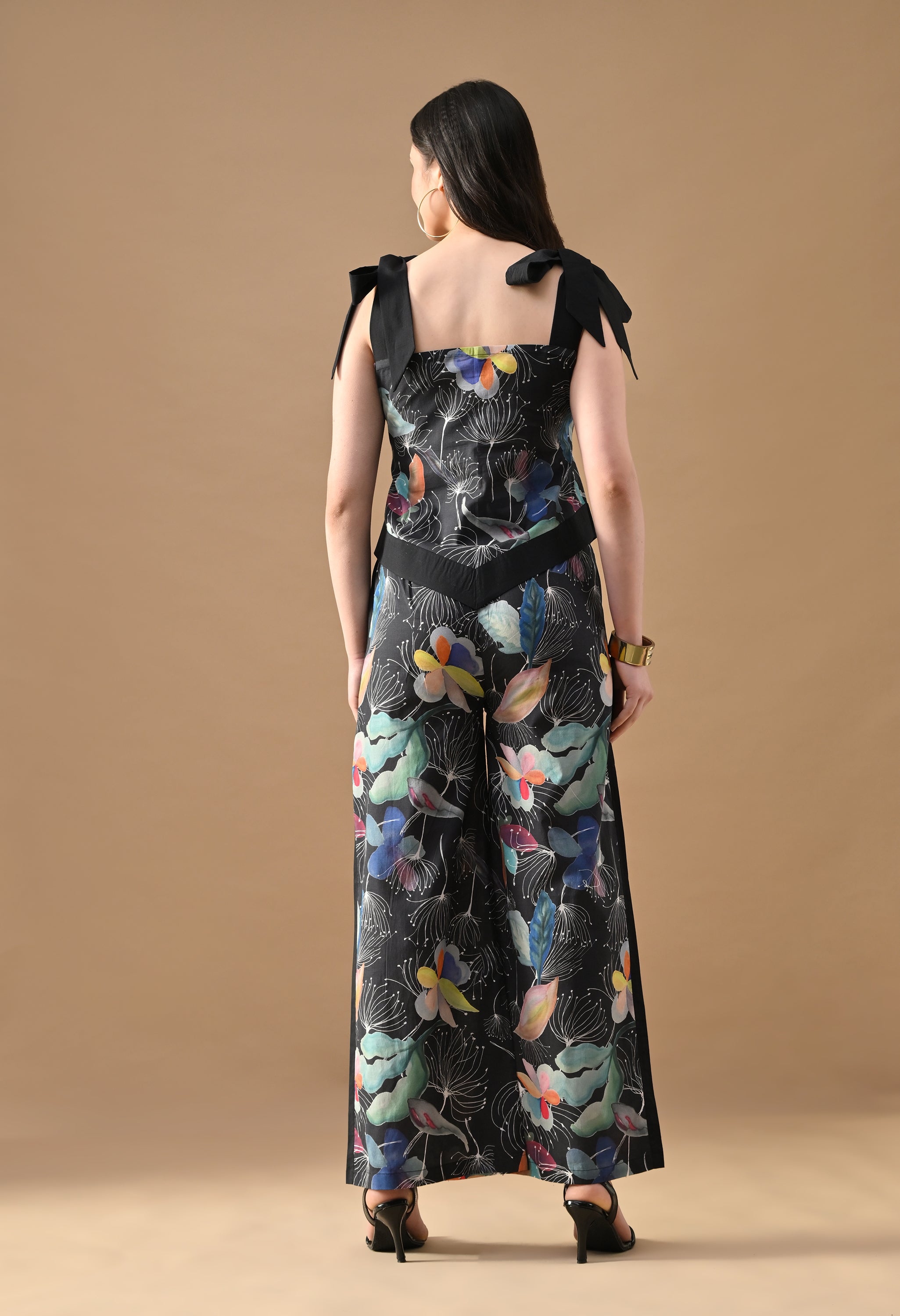 Dark Petal Printed Co-ord Set – Black Floral Crop Top & Wide Leg Pants