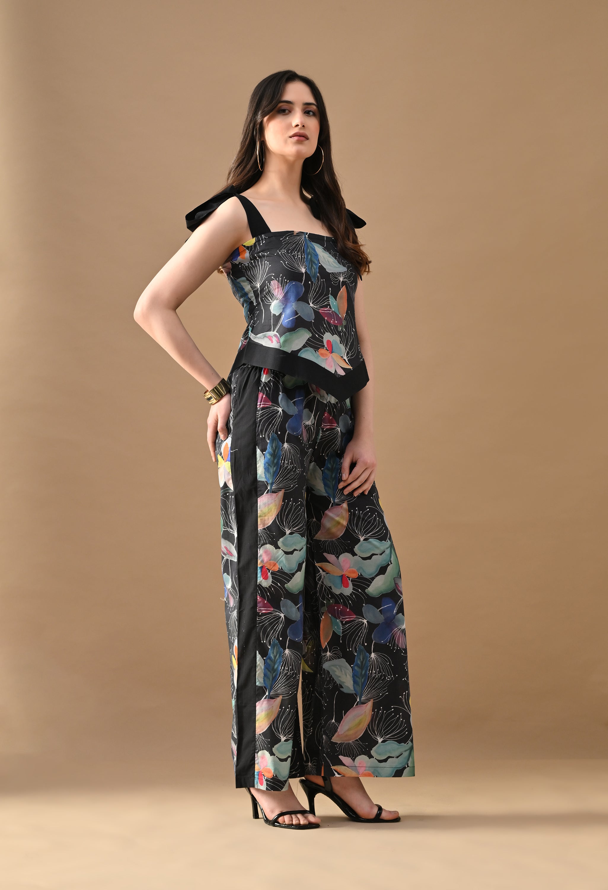 Dark Petal Printed Co-ord Set – Black Floral Crop Top & Wide Leg Pants