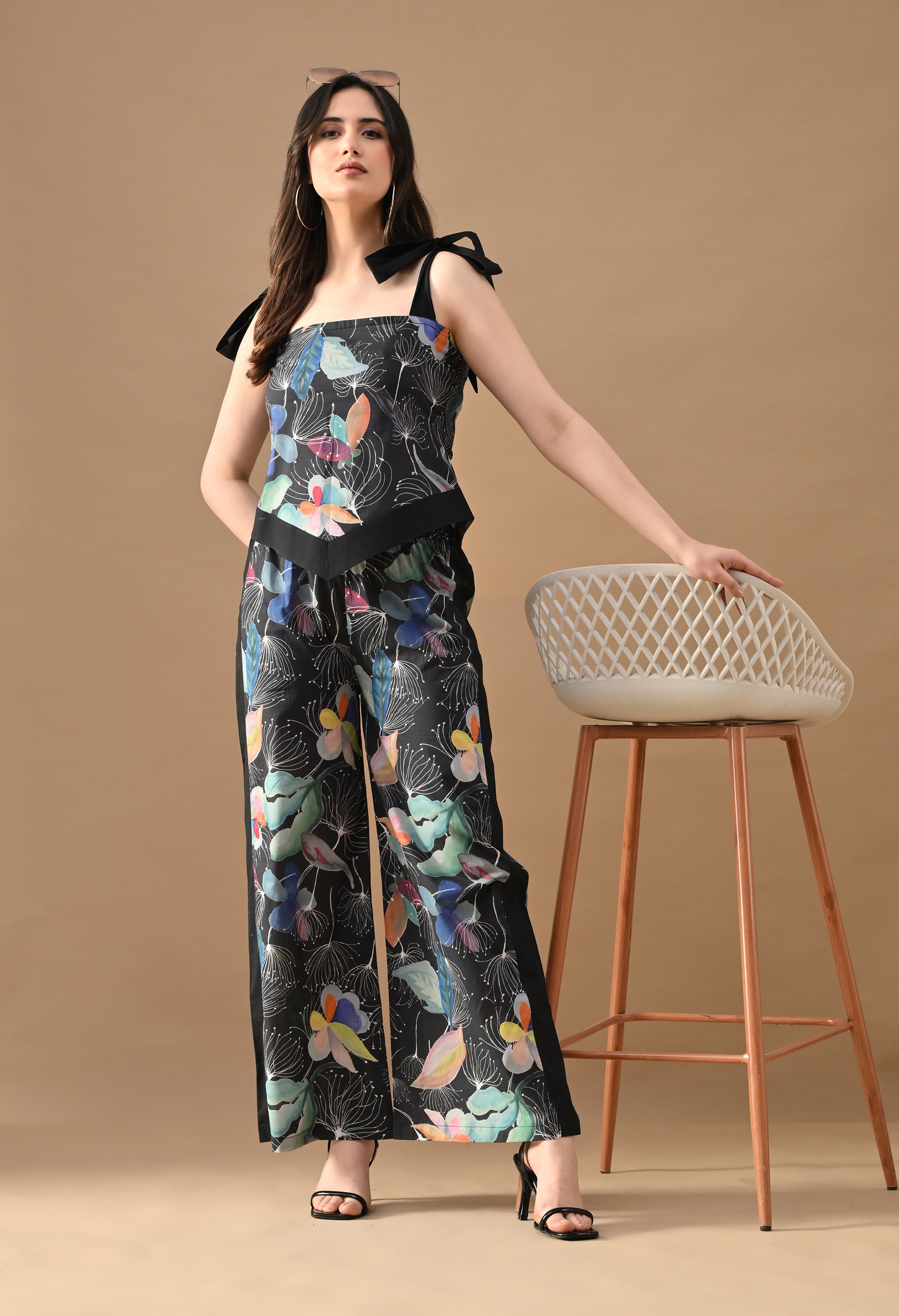 Dark Petal Printed Co-ord Set – Black Floral Crop Top & Wide Leg Pants