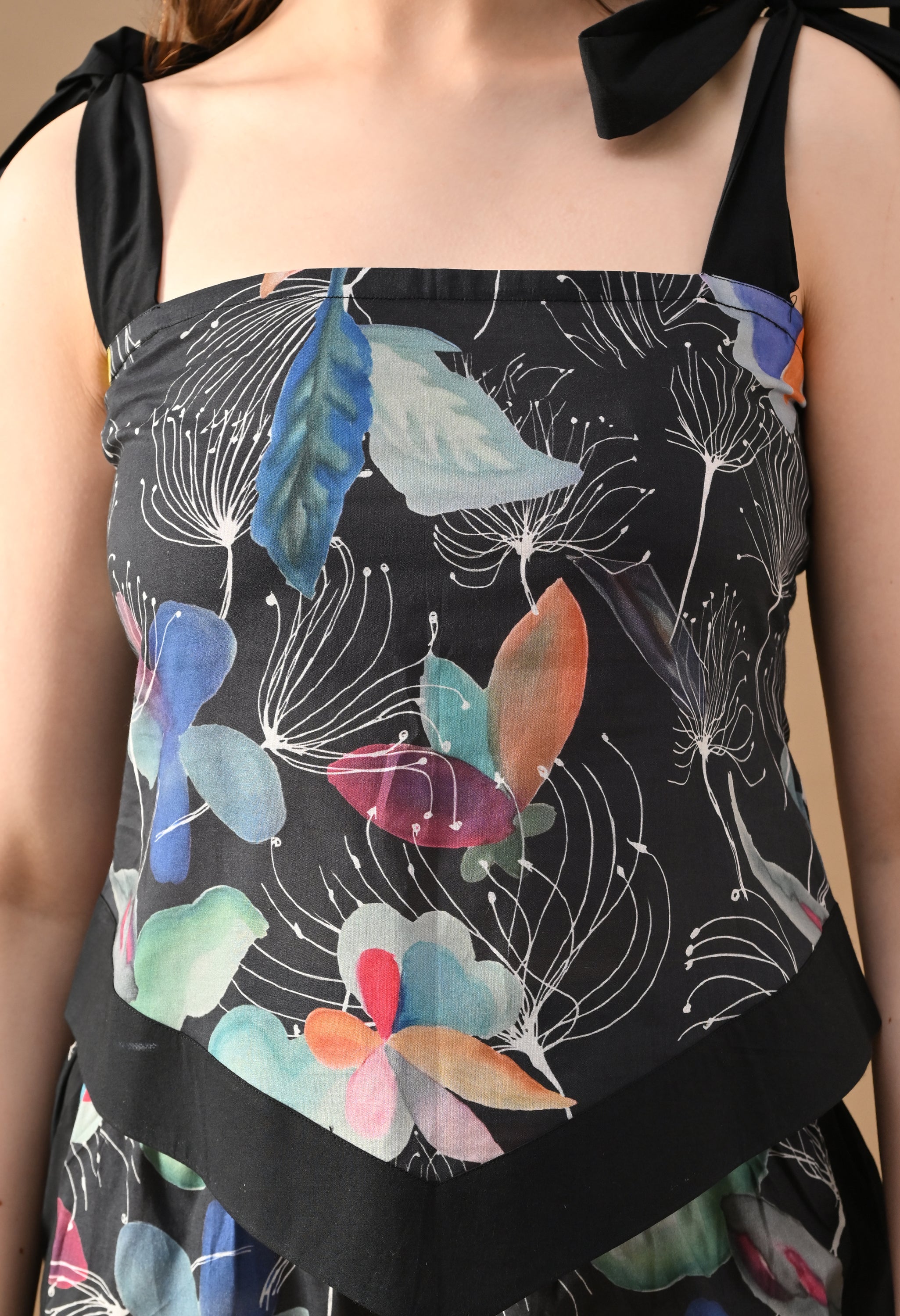 Dark Petal Printed Co-ord Set – Black Floral Crop Top & Wide Leg Pants