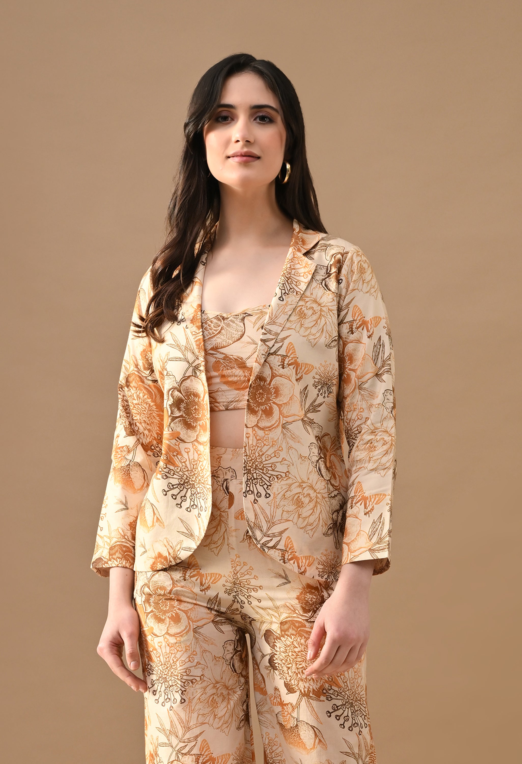 Ethereal Bloom Floral Blazer Co-ord Set – Printed Bralette, Blazer & Wide Leg Pants