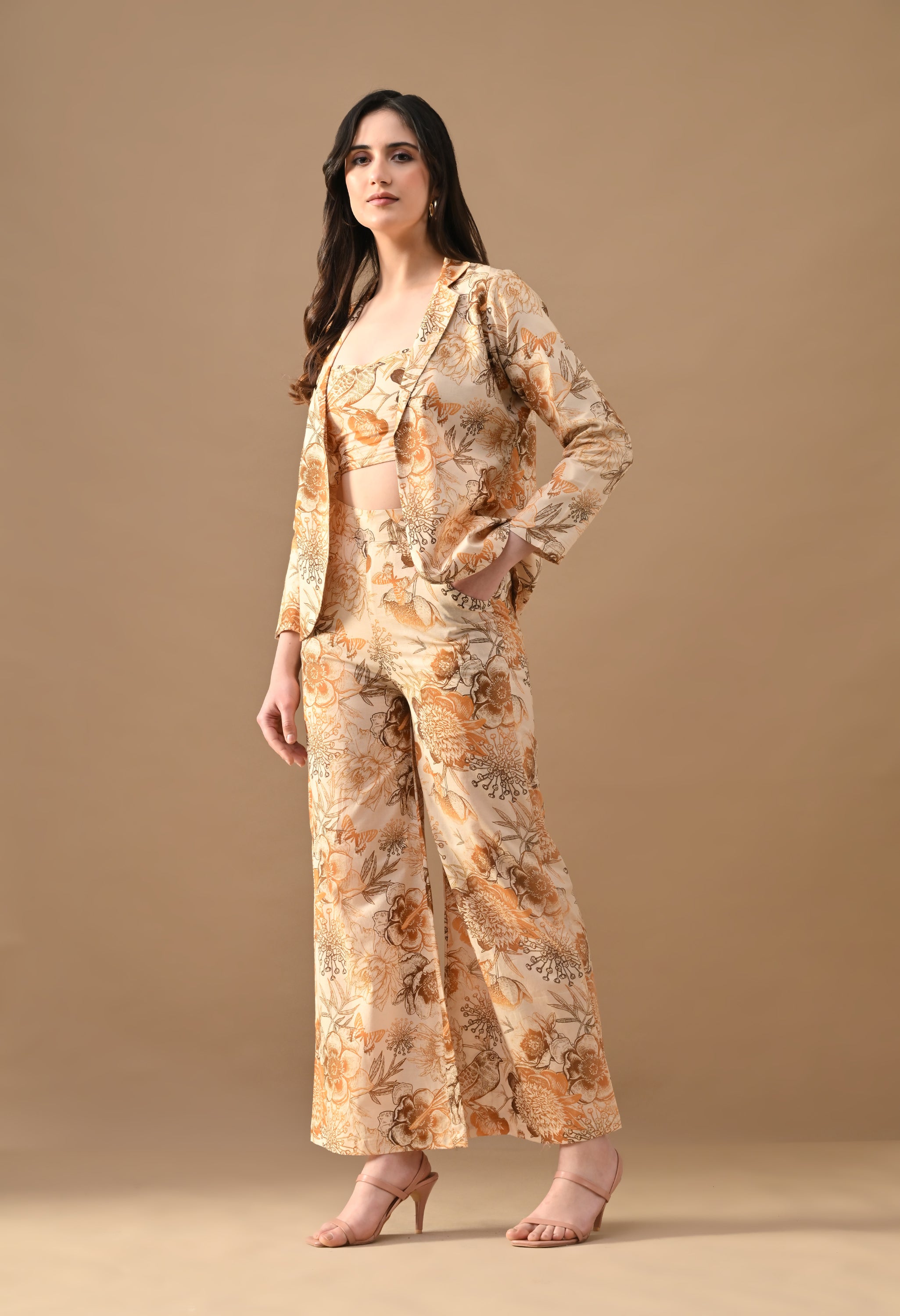 Ethereal Bloom Floral Blazer Co-ord Set – Printed Bralette, Blazer & Wide Leg Pants