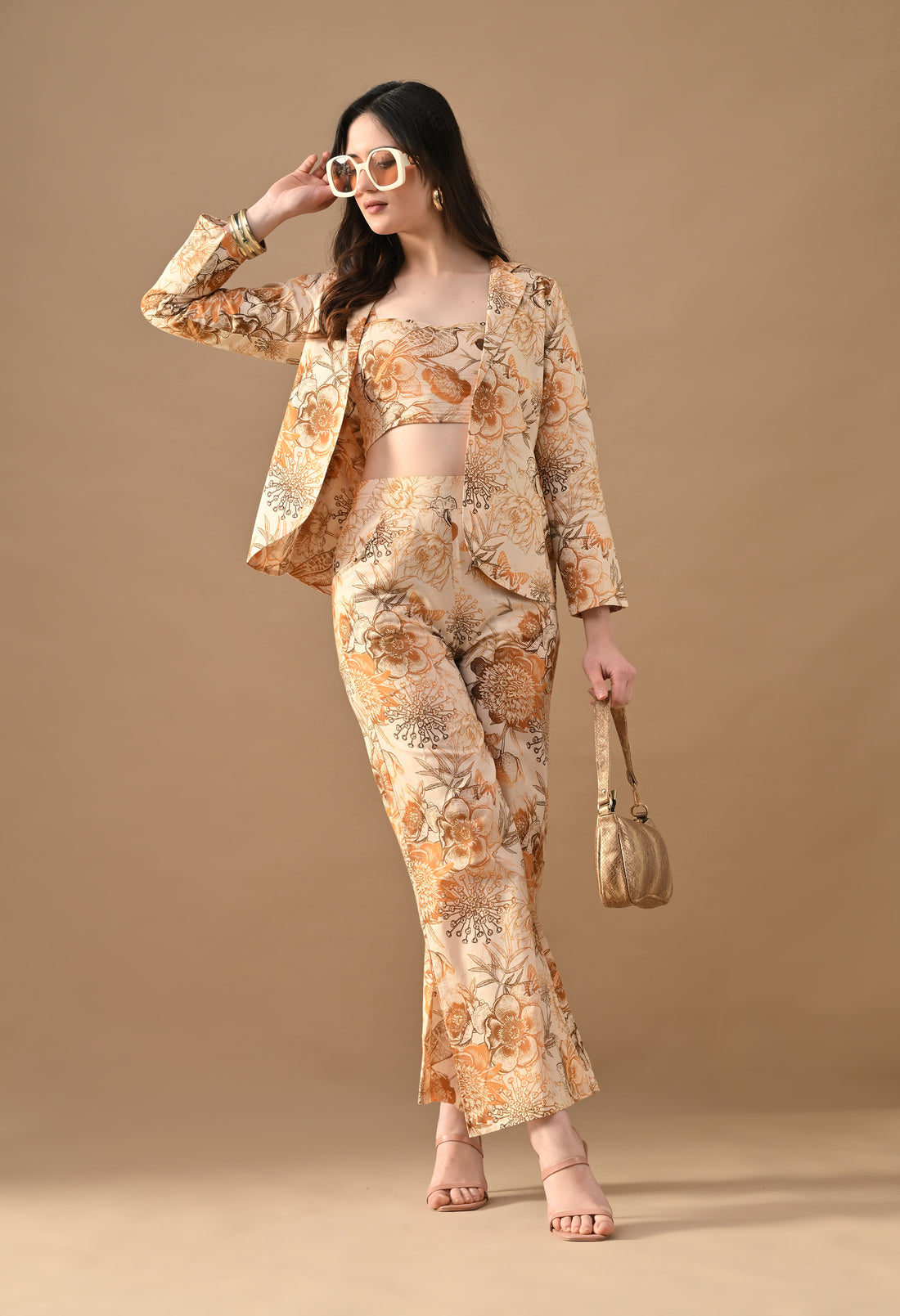 Ethereal Bloom Floral Blazer Co-ord Set – Printed Bralette, Blazer & Wide Leg Pants