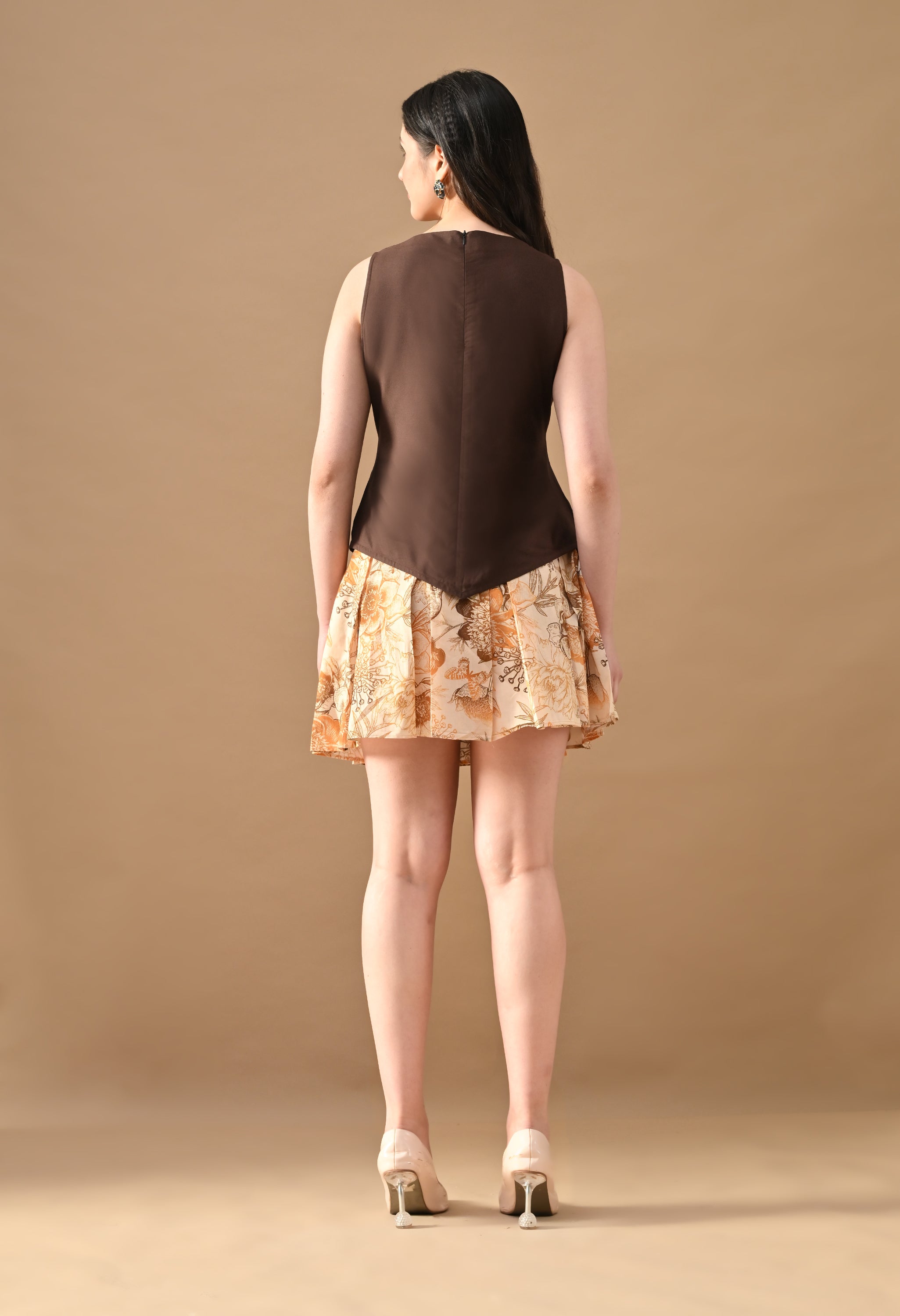 Mocha Garden Sleeveless Mini Dress – Brown Button Top with Printed Skirt
