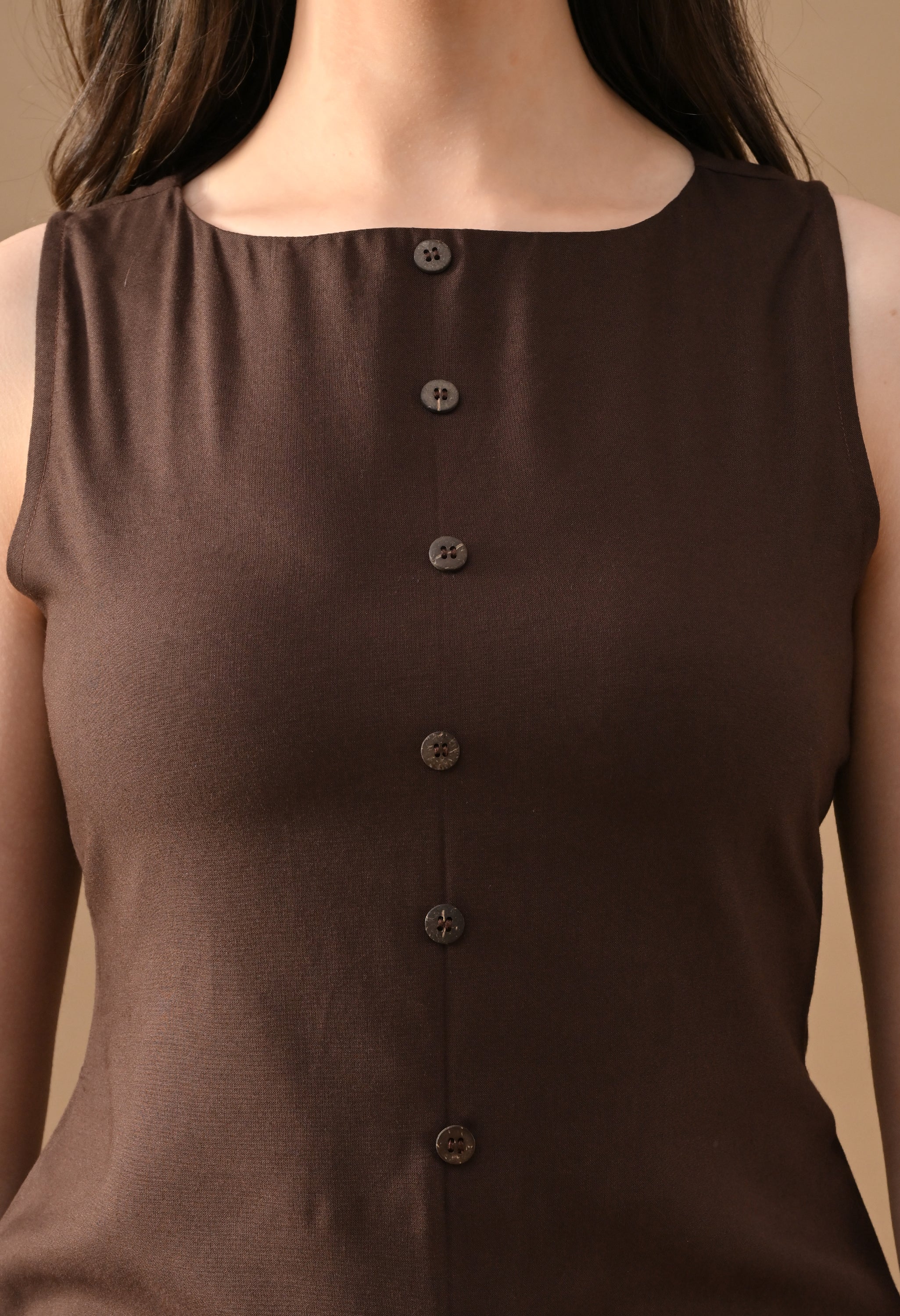 Mocha Garden Sleeveless Mini Dress – Brown Button Top with Printed Skirt
