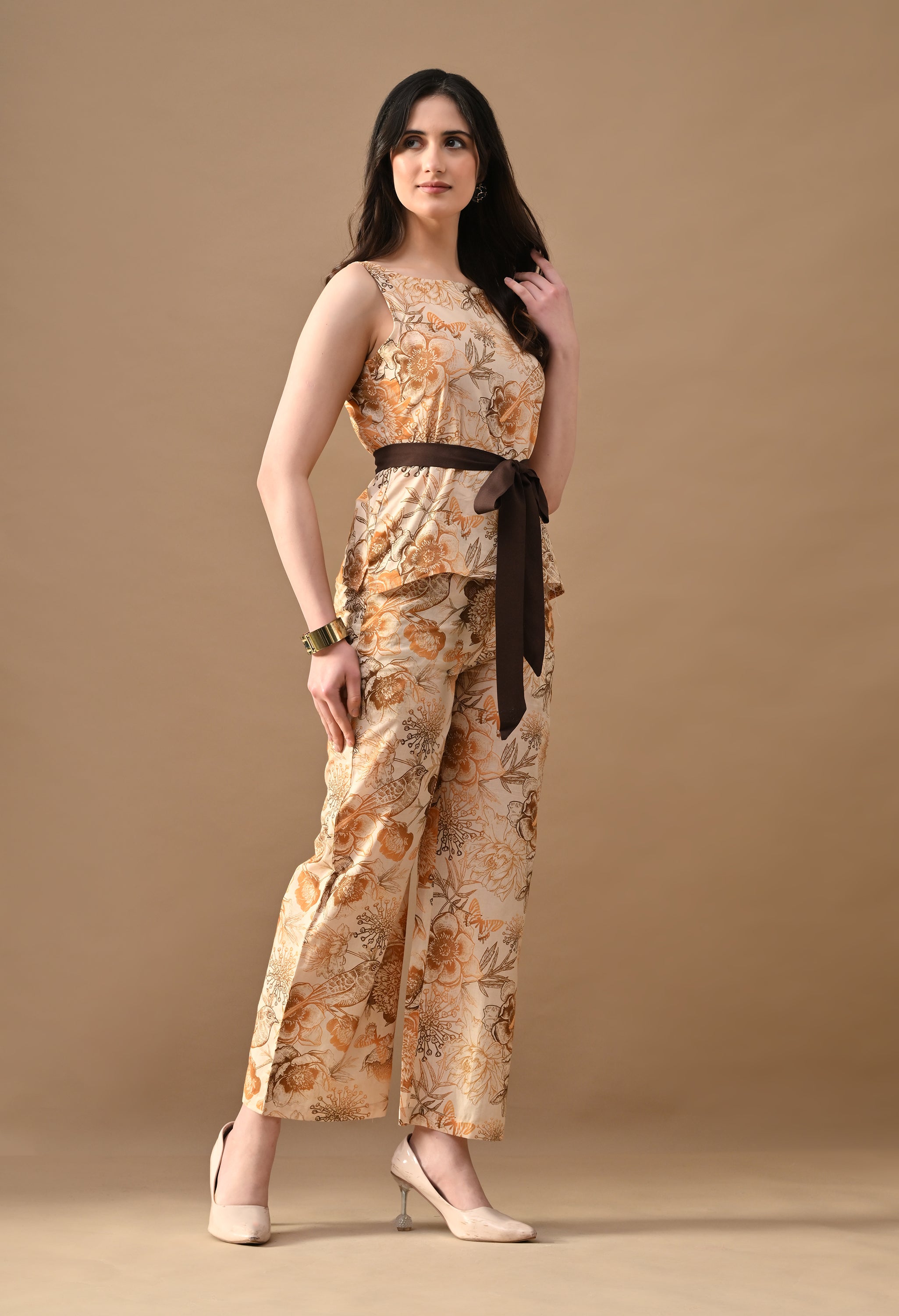Brown Petal Floral Co-Ord Set for Women | Sleeveless Top & Straight Pants