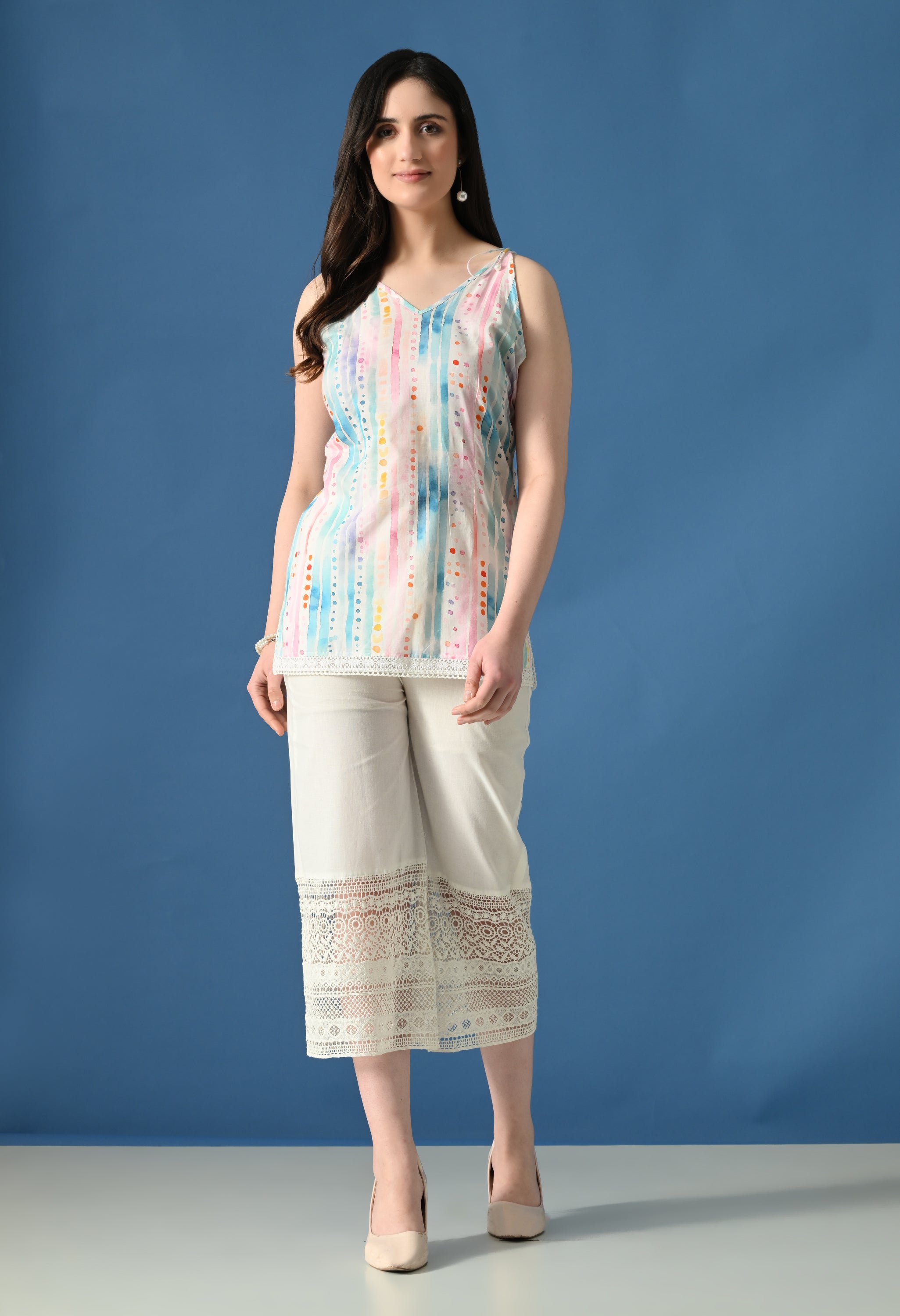 Pastel Breezet Printed Kurti with Lace Palazzo Set