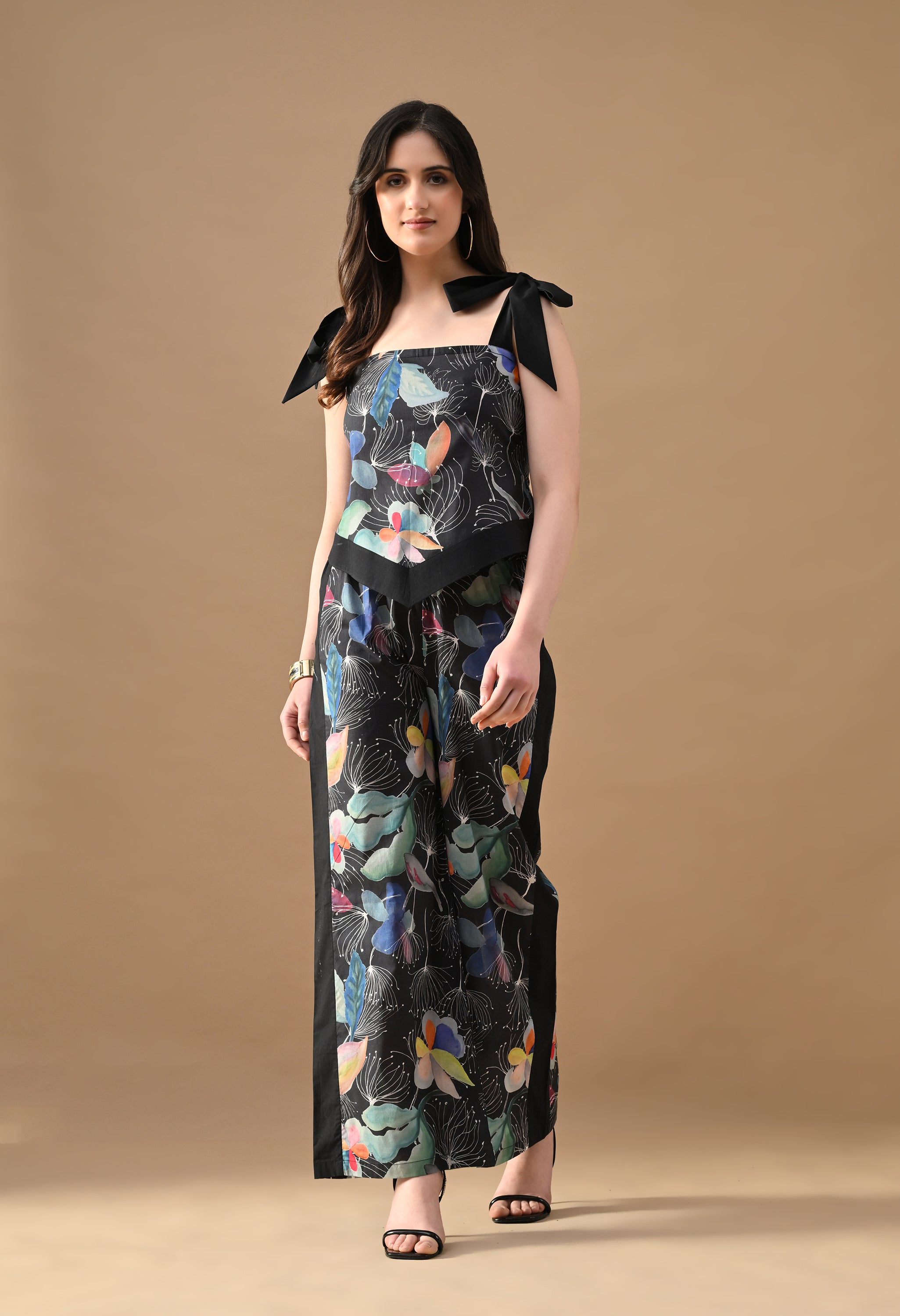Dark Petal Printed Co-ord Set – Black Floral Crop Top & Wide Leg Pants