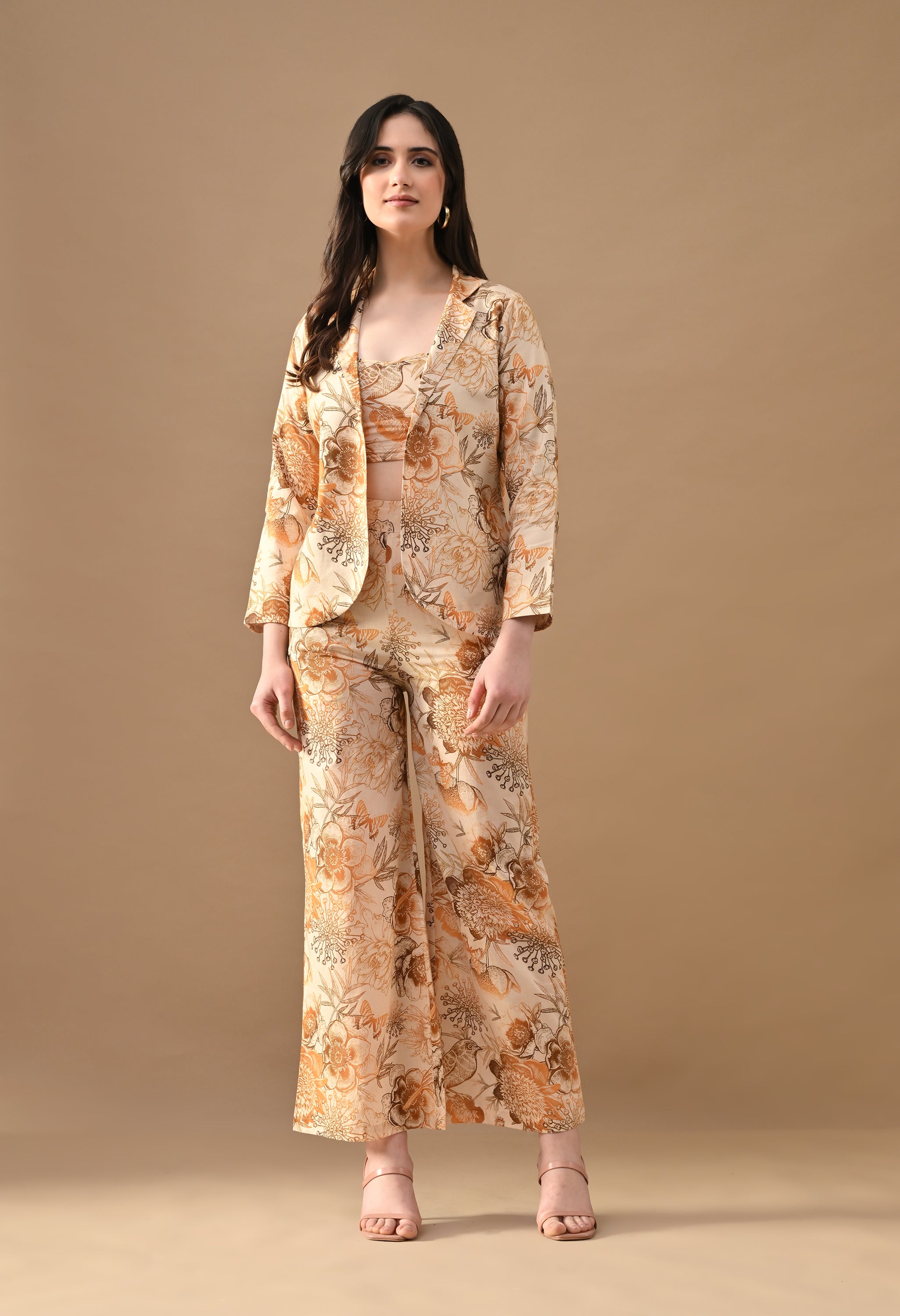 Ethereal Bloom Floral Blazer Co-ord Set – Printed Bralette, Blazer & Wide Leg Pants