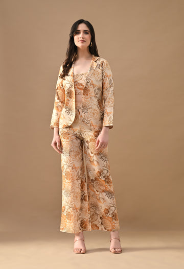 Ethereal Bloom Floral Blazer Co-ord Set – Printed Bralette, Blazer & Wide Leg Pants