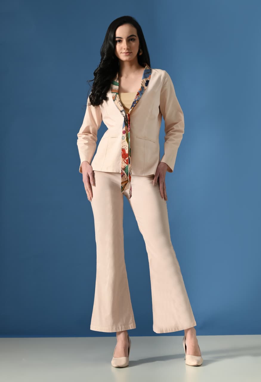 Art Story Print Mix Blazer Set for Women | Designer Co-Ord Suit with Flared Pants