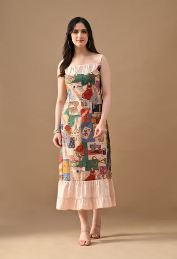 Art Story Print Maxi Dress for Women | Designer Printed Sleeveless Midi Dress