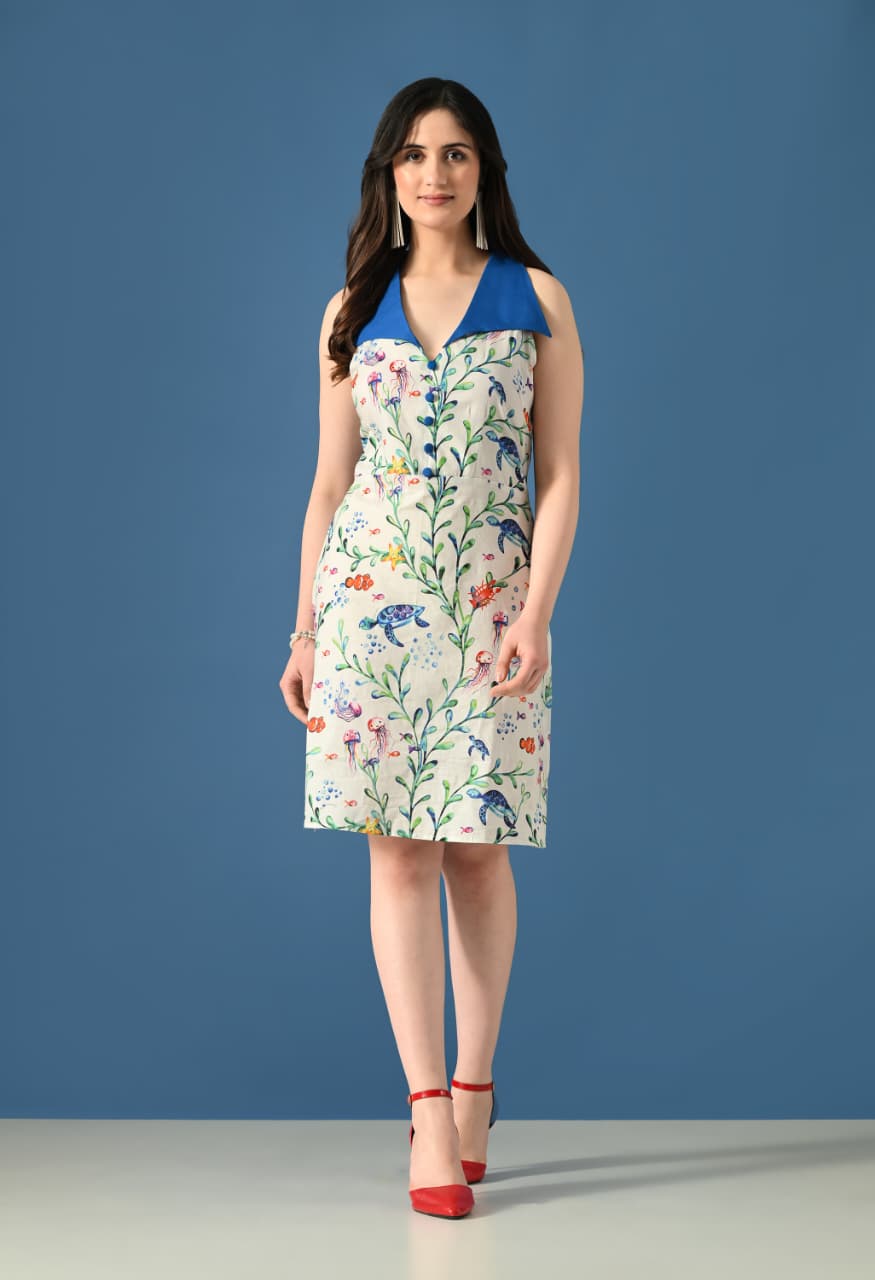 Sea Fairy Halter Dress – Ocean Print Sleeveless Summer Dress