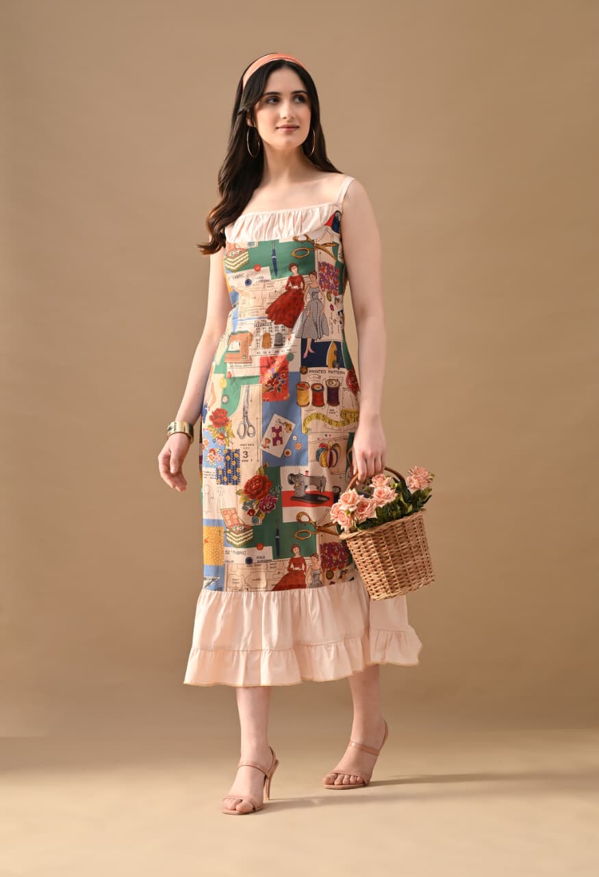 Art Story Print Maxi Dress for Women | Designer Printed Sleeveless Midi Dress