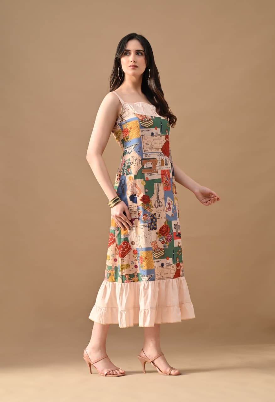 Art Story Print Maxi Dress for Women | Designer Printed Sleeveless Midi Dress