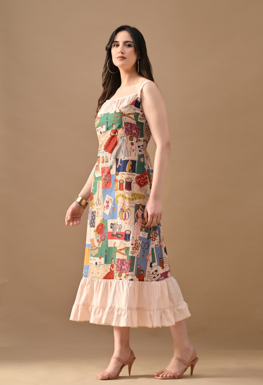 Art Story Print Maxi Dress for Women | Designer Printed Sleeveless Midi Dress