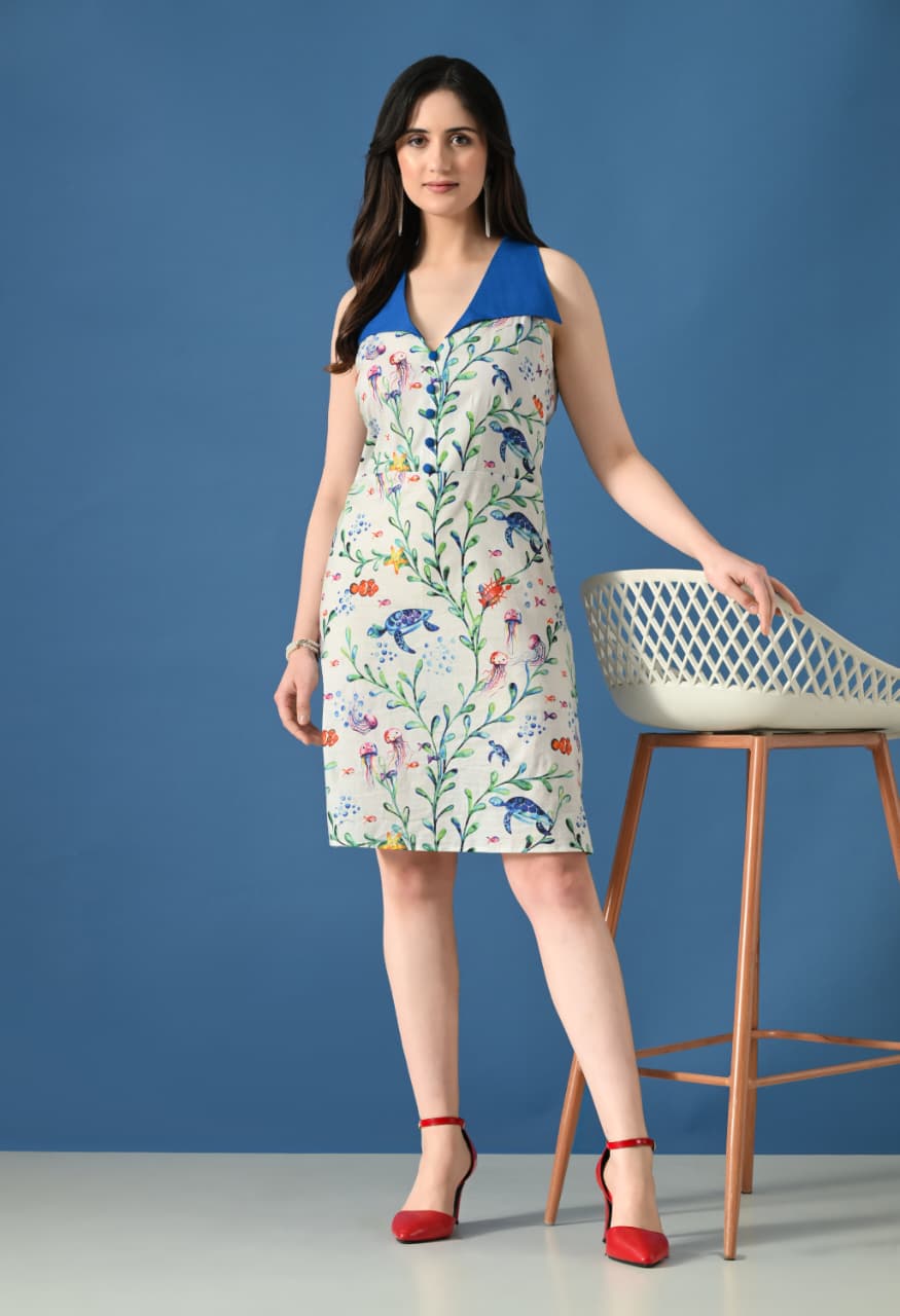 Sea Fairy Halter Dress – Ocean Print Sleeveless Summer Dress