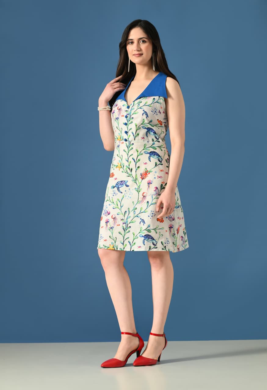 Sea Fairy Halter Dress – Ocean Print Sleeveless Summer Dress