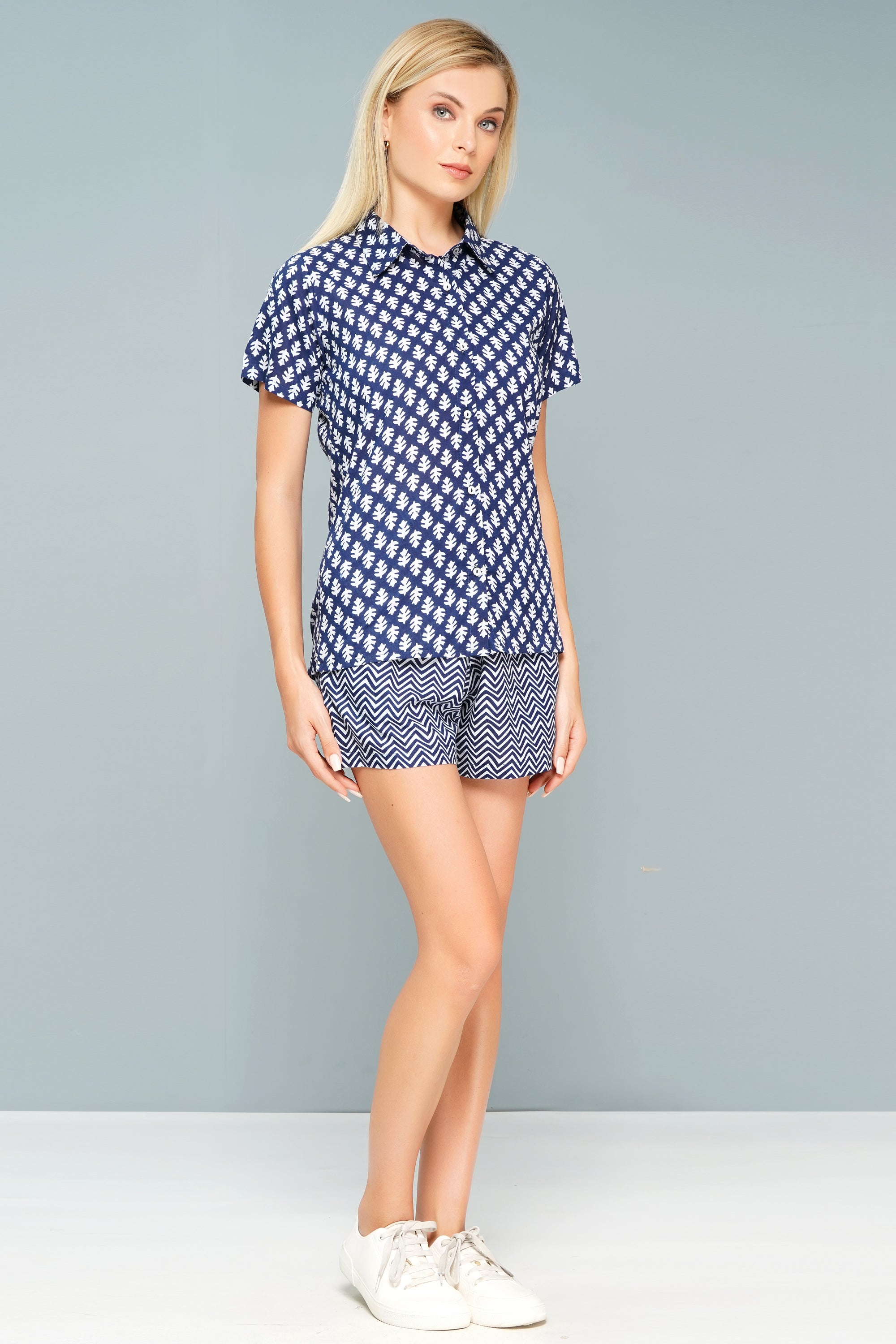 Women's Navy Blue Printed Cotton Dress – Cozy Chic Edition
